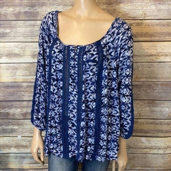 Lucky Brand Top S Small Blouse Blue Scoop Lace Oversized Loose Fit - Picture 1 of 5